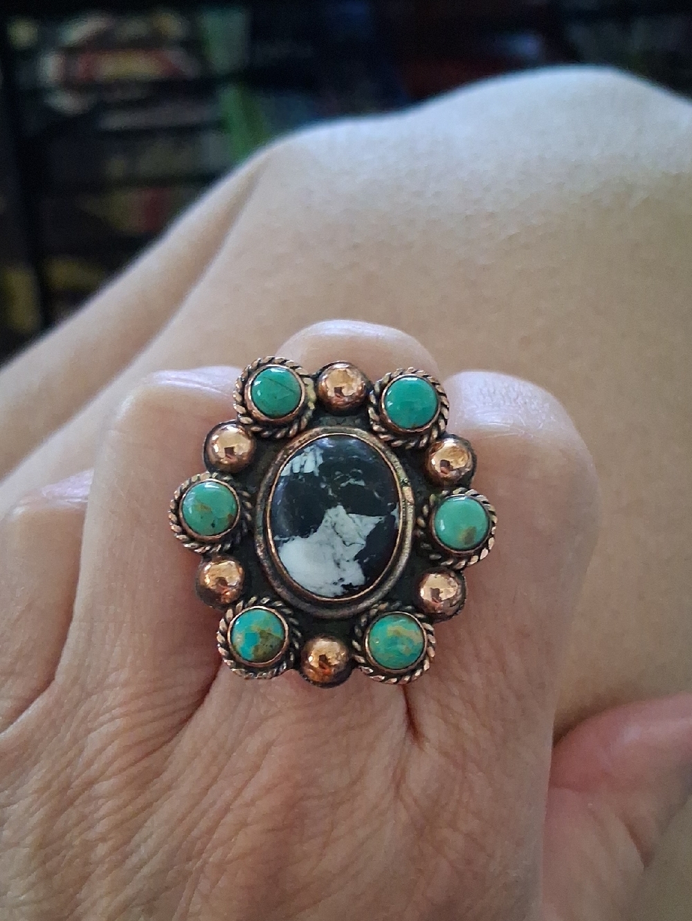 Handcrafted Black Jack And Turquoise Copper Ring